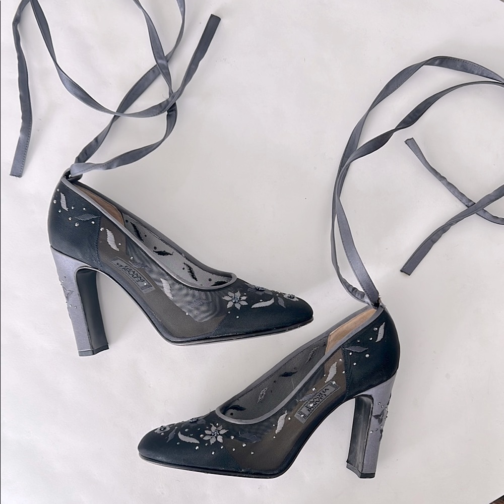 Vintage VTG 90s Gianni Versaci Black Gray Pumps Ankle Ties RARE 37 EU / 6.5 US